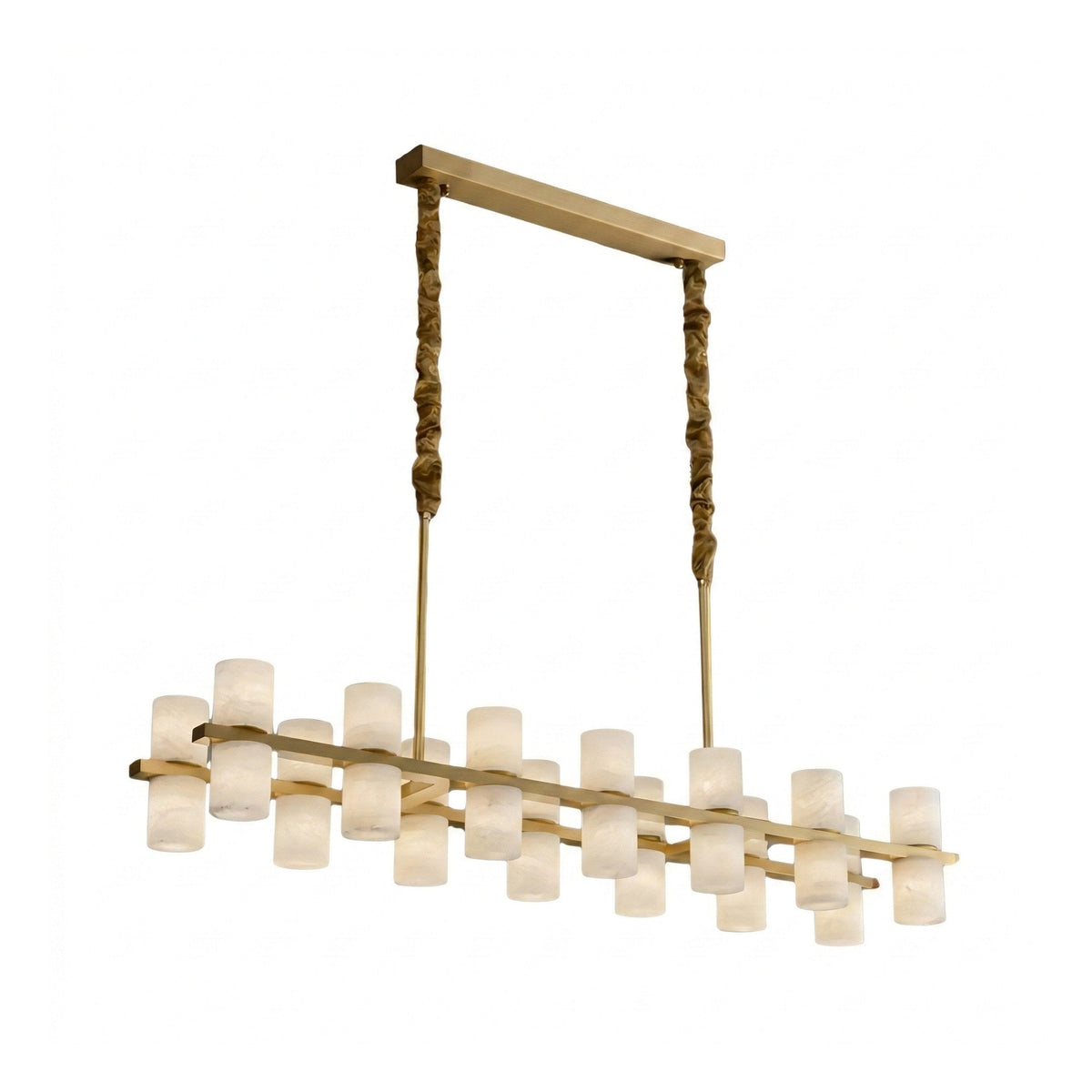 Valenro 28 Light Cylindrical Alabaster Linear Chandelier - Soft White & Brass