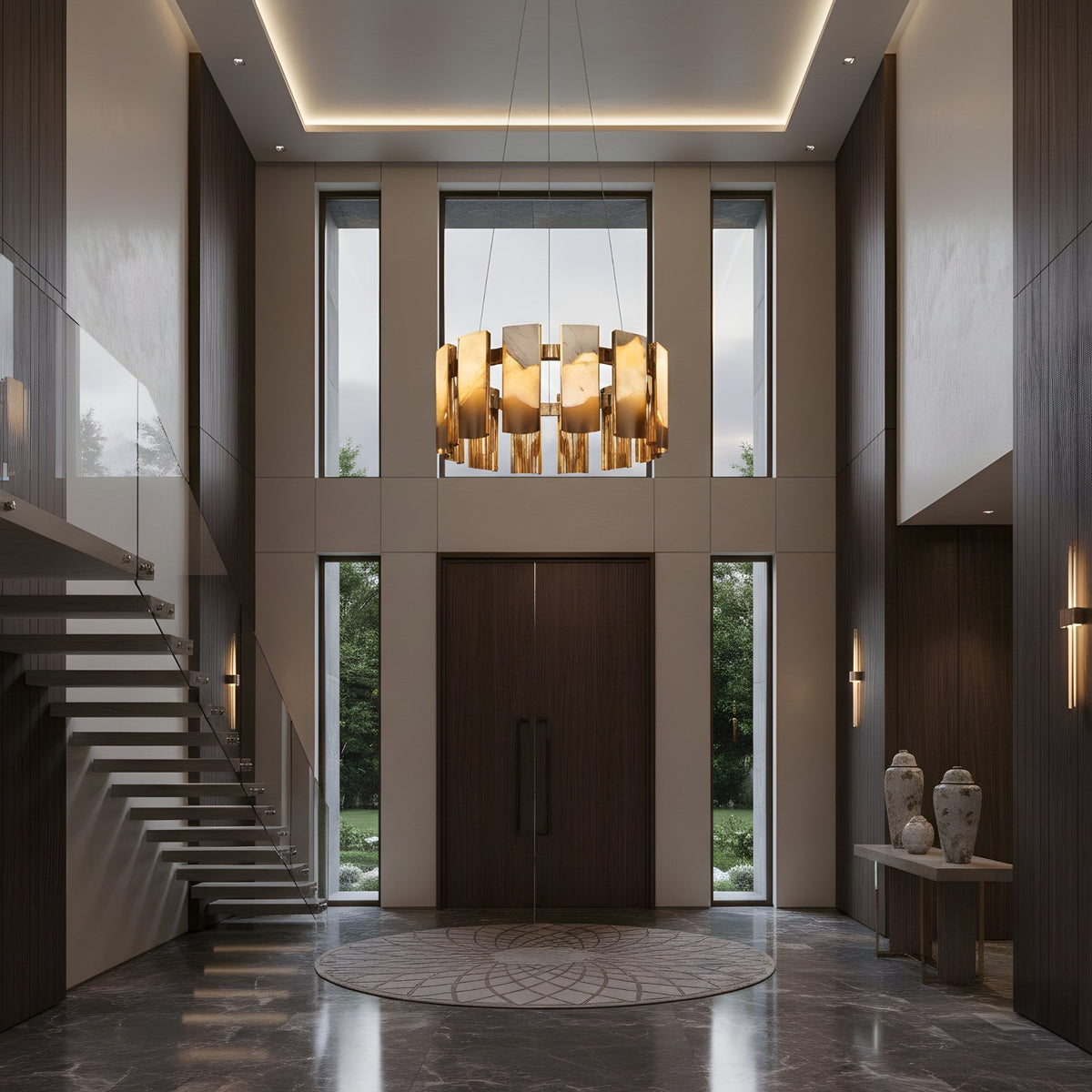 Caelith 8 Light Alabaster Panel Chandelier 600mm - Brushed Brass