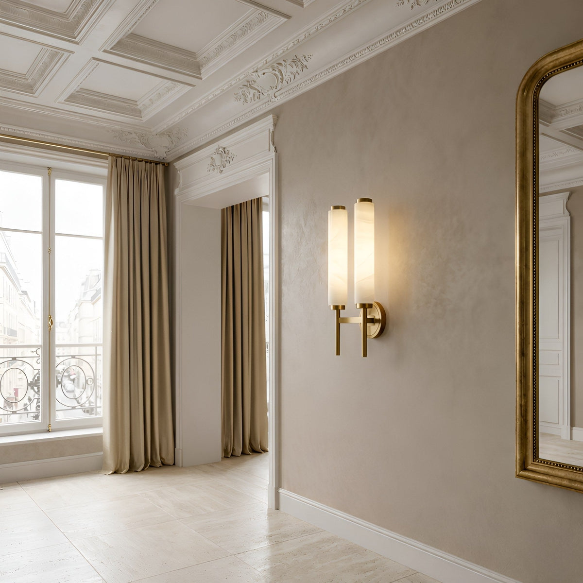 Noctera LED Twin Column Alabaster Wall Light - Brushed Brass