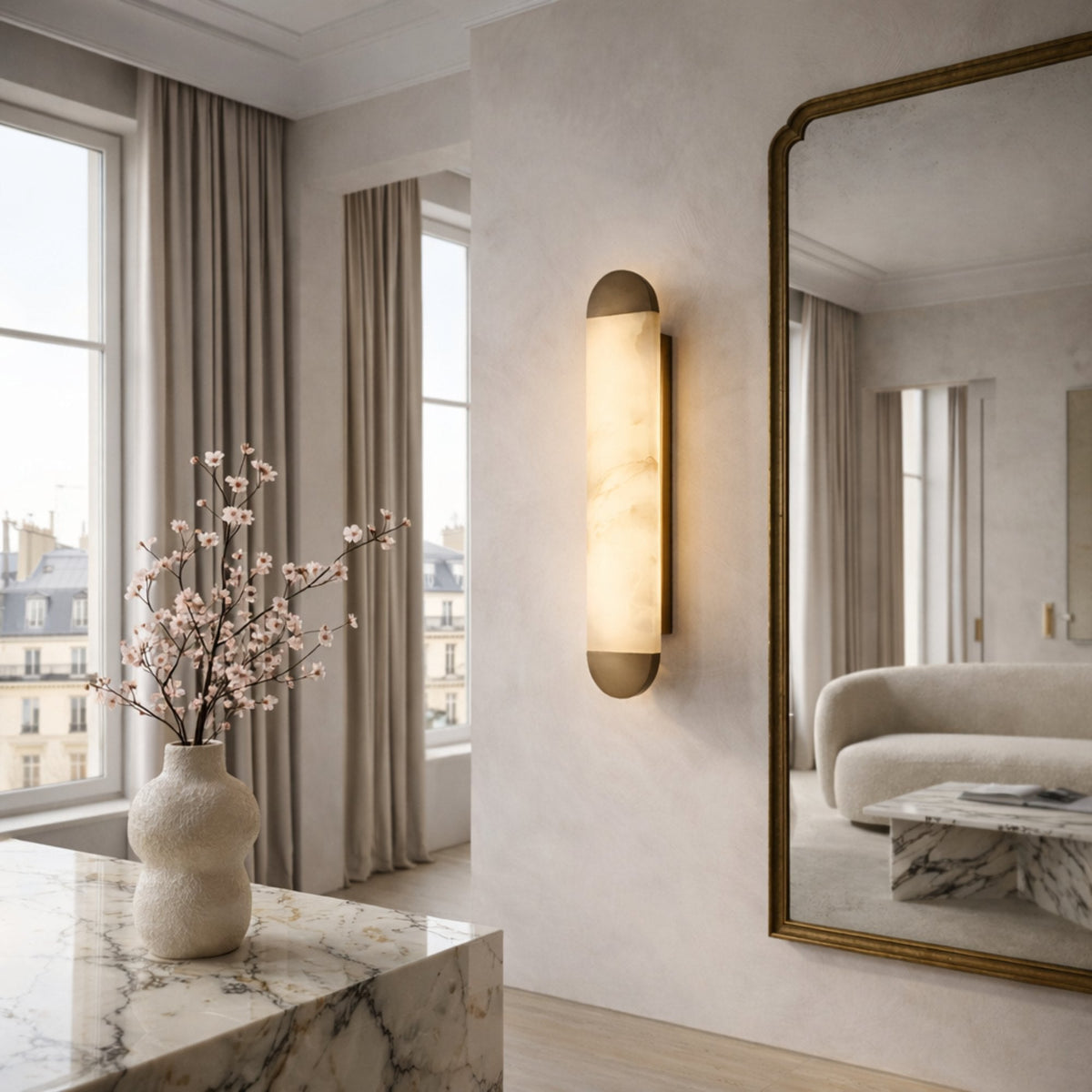 Orivelle Small Vertical Alabaster LED Wall Light - Brushed Bronze