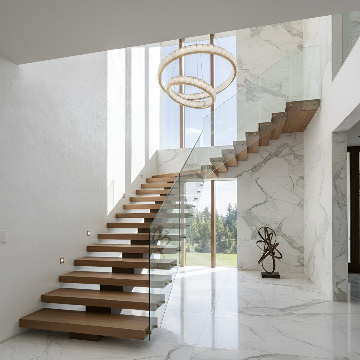 Orion 48 Light 2 Tier Ring Alabaster Chandelier - Soft White & Brushed Brass