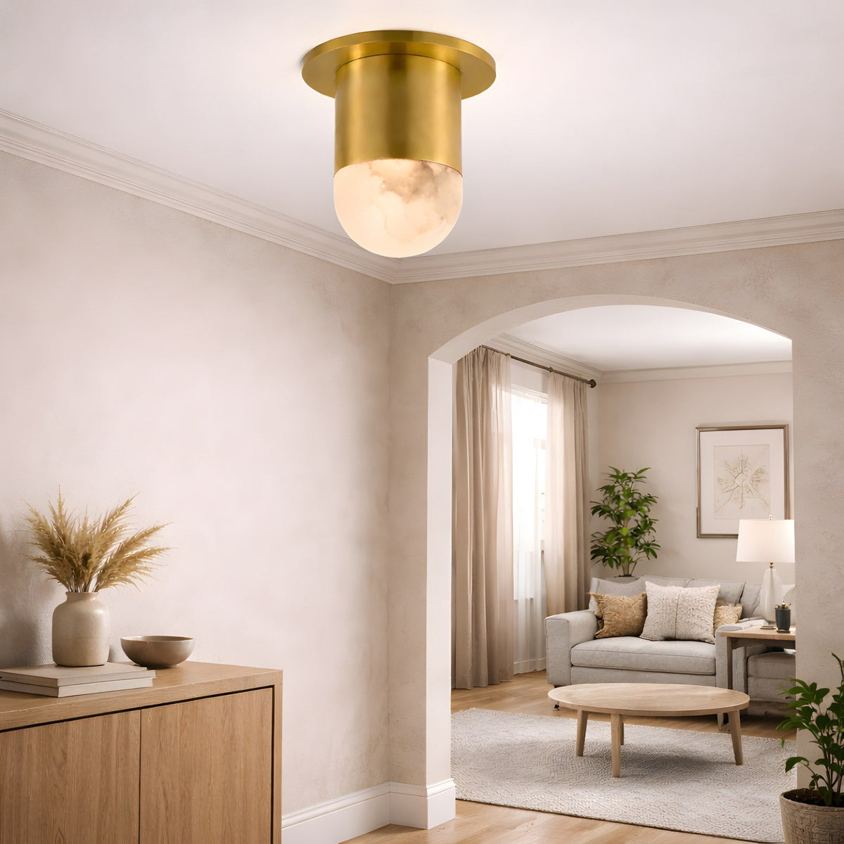 Elara LED Mini Drop Alabaster Semi-Flush Ceiling Light - Brushed Brass