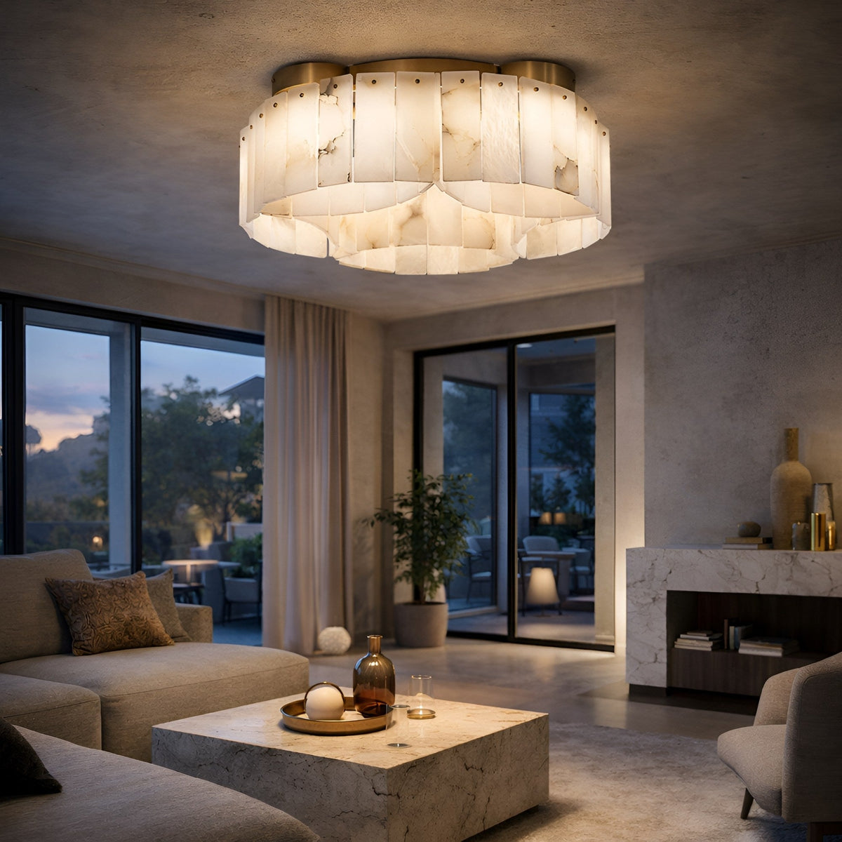 Elara 16 Light Alabaster Semi-Flush Ceiling Light - Brass