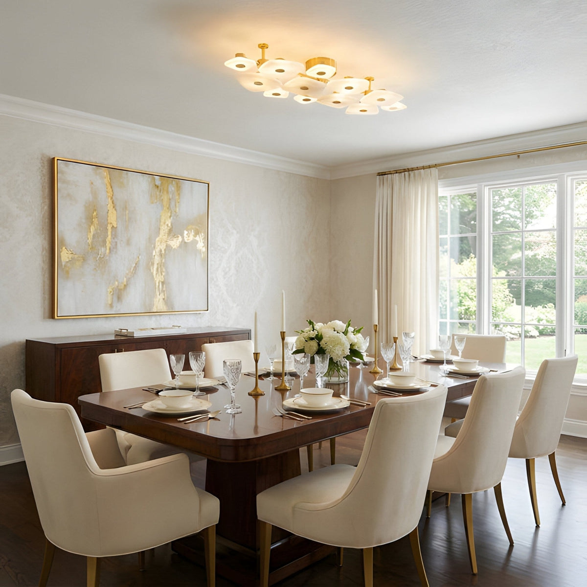 Calyra Large LED Alabaster Semi-Flush Ceiling Light - Brass