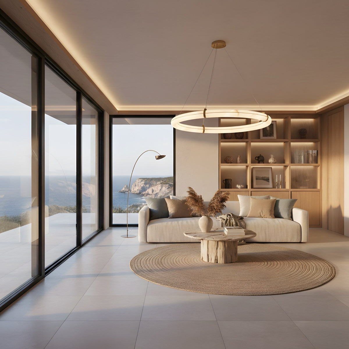 Aureon LED 1m Alabaster Ring Chandelier - Brushed Brass