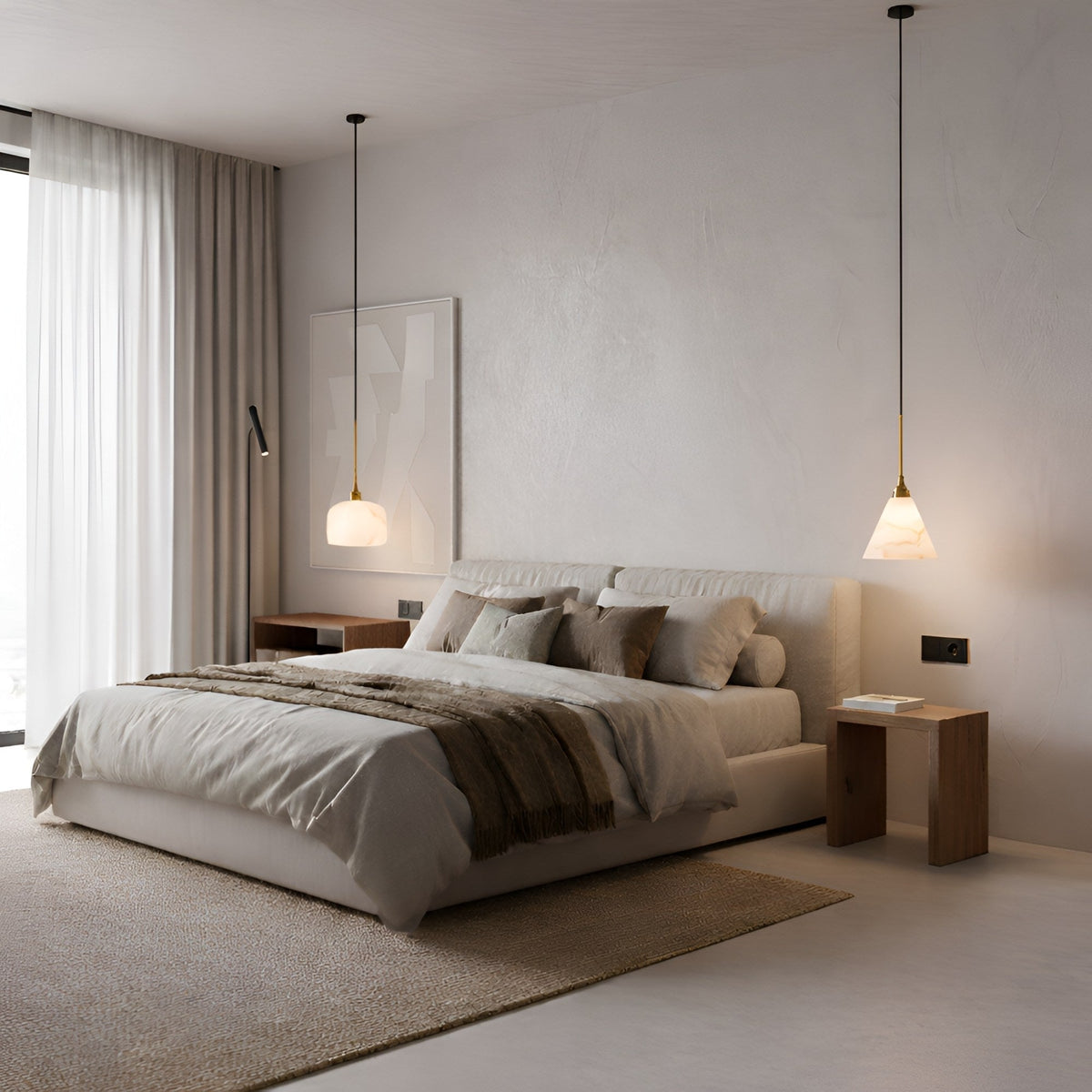Novera 1 Light Conical Alabaster Pendant Light - Brushed Brass