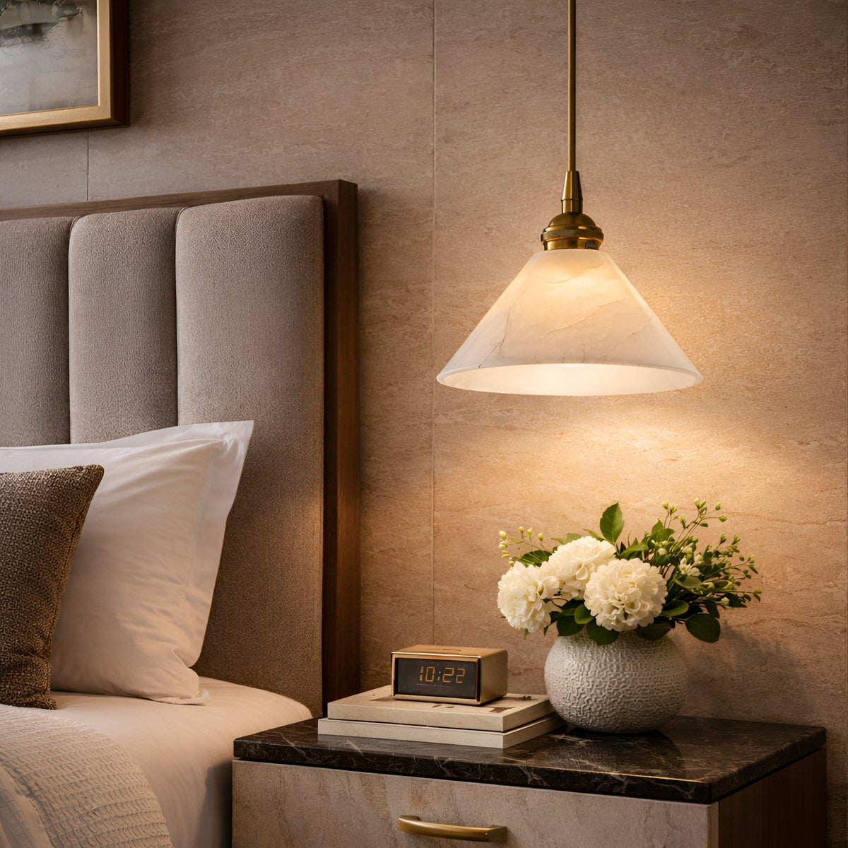 Novera 1 Light Conical Alabaster Pendant Light - Brushed Brass