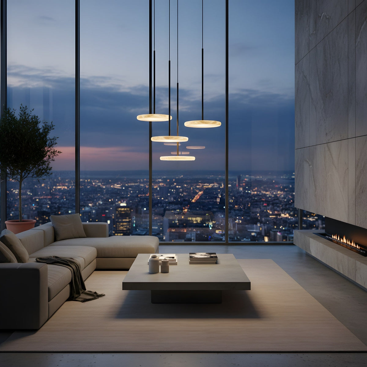 Xarelix LED Floating Disc Alabaster Pendant Light - Matt Black