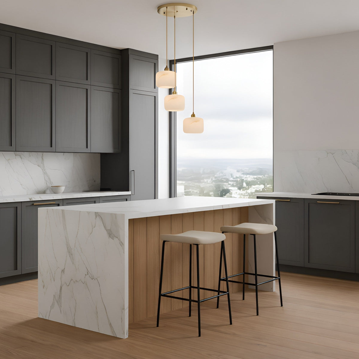 Vantor 3 Light Alabaster Cluster Chandelier - Soft White & Brushed Brass