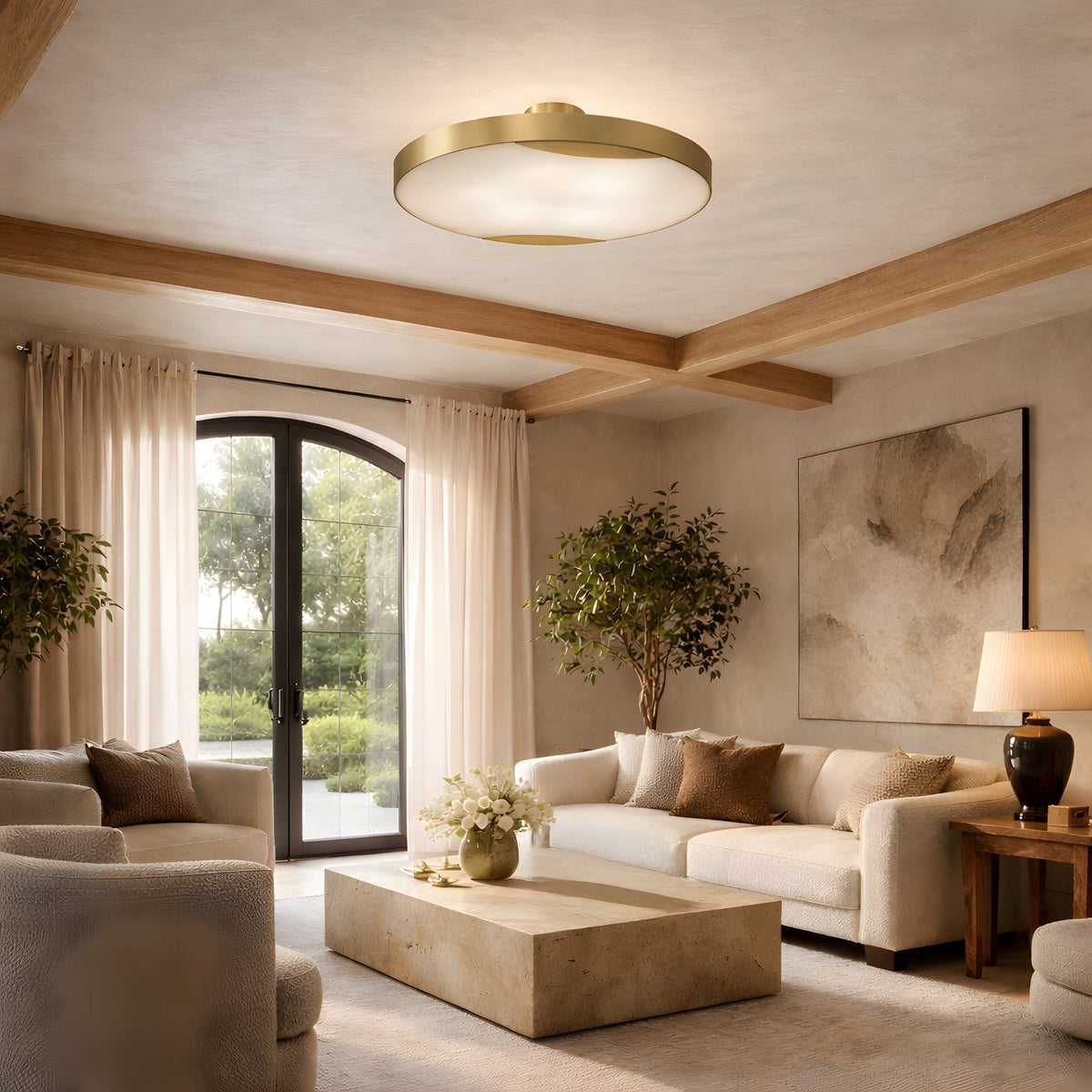 Marea Round LED Alabaster Semi-Flush Ceiling Light - Brushed Brass