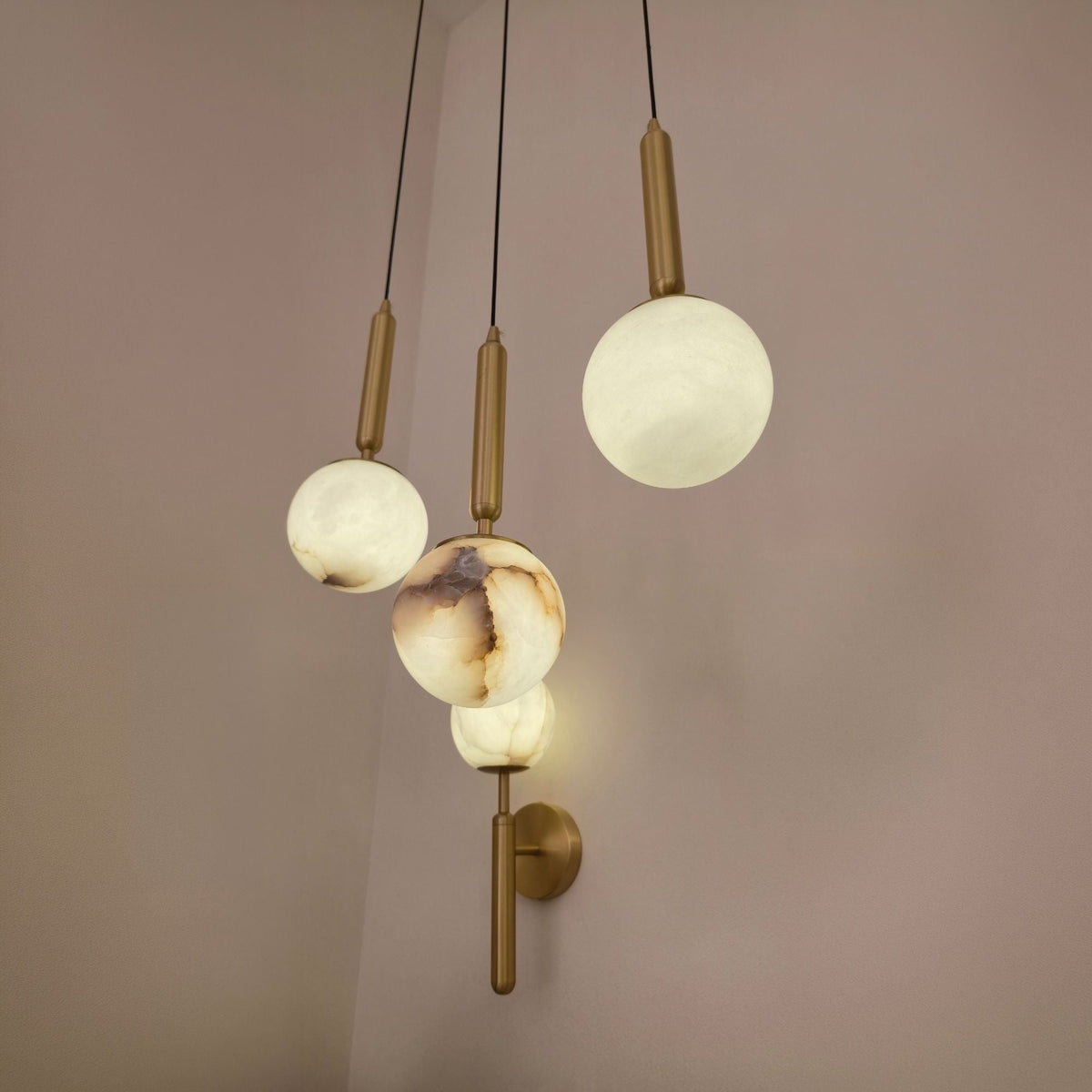 Luceris 1 Light Sphere Alabaster Wall Light - Brushed Brass