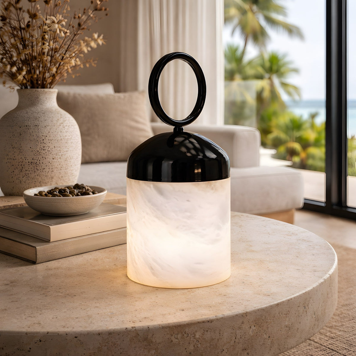 Aurelio LED Ring-Handle Alabaster Table Lamp - Matt Black