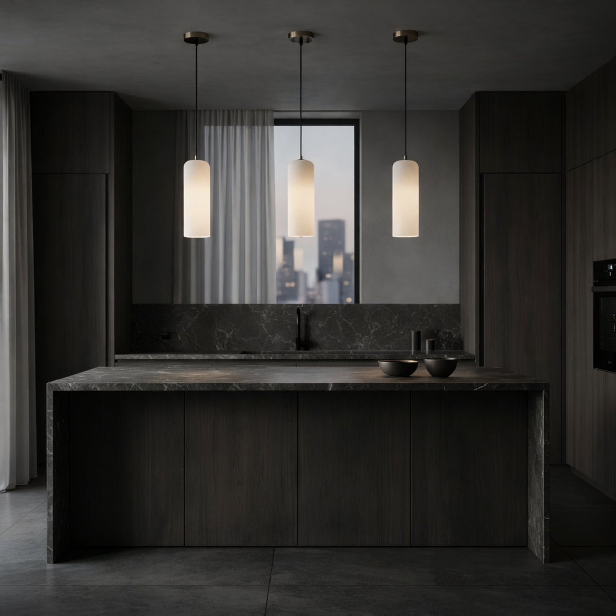 Velmora Slim Cylindrical Alabaster Pendant Light - Soft White & Brass