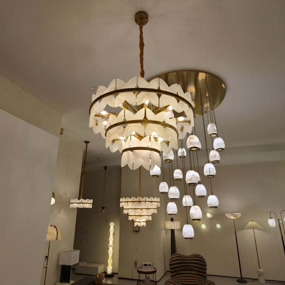Petraia 3 Tier Floral Alabaster Chandelier - Brushed Brass