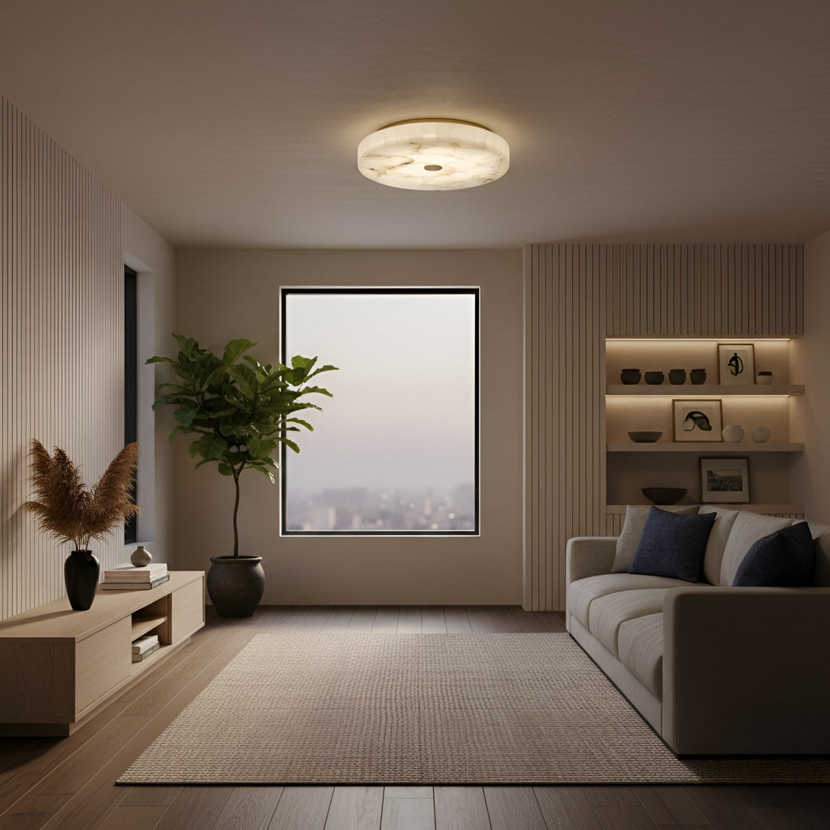 Veltrix LED Small Round Alabaster Flush Ceiling Light - Soft White & Brushed Brass