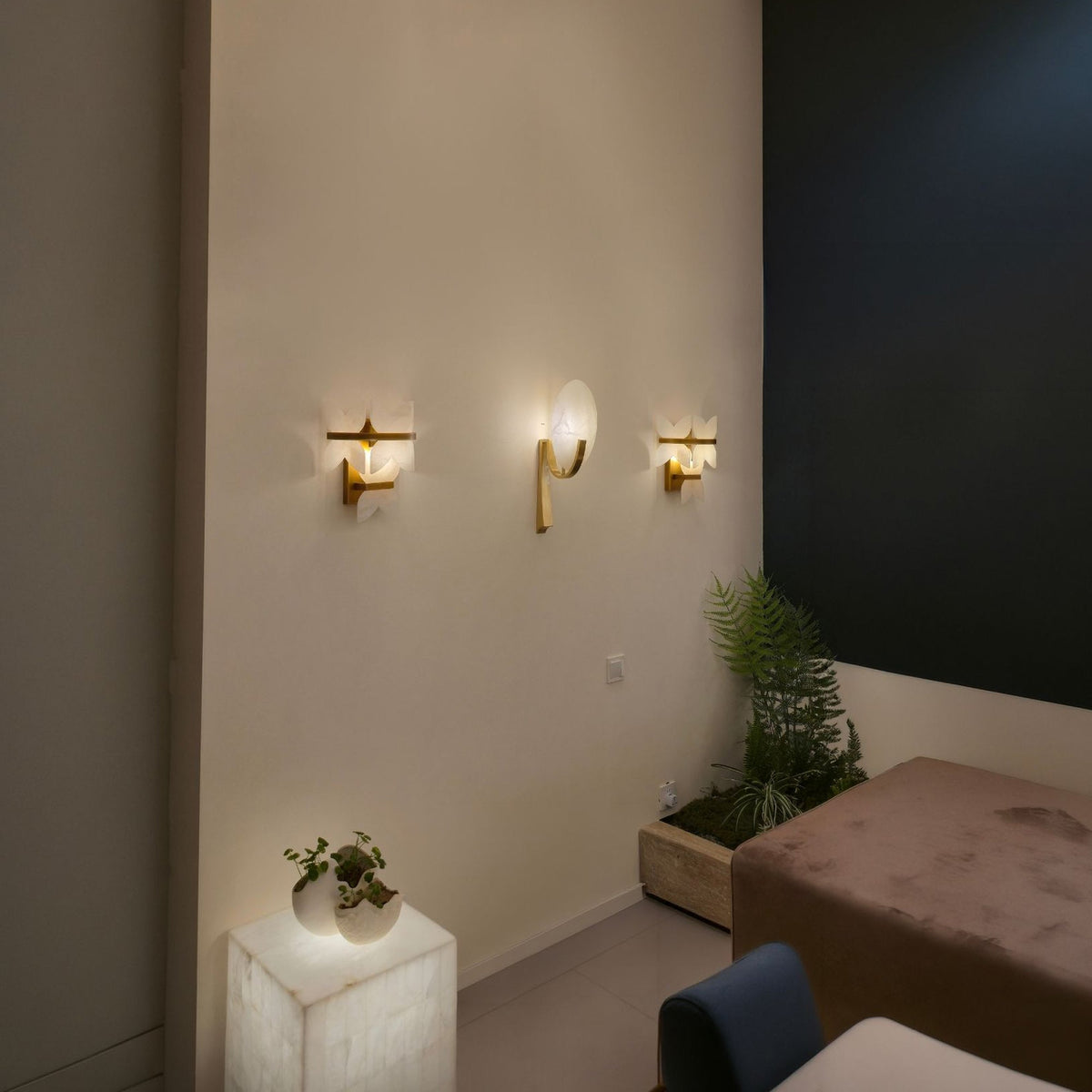 Mica 1 Light Disc Alabaster Wall Light - Soft White & Brushed Brass