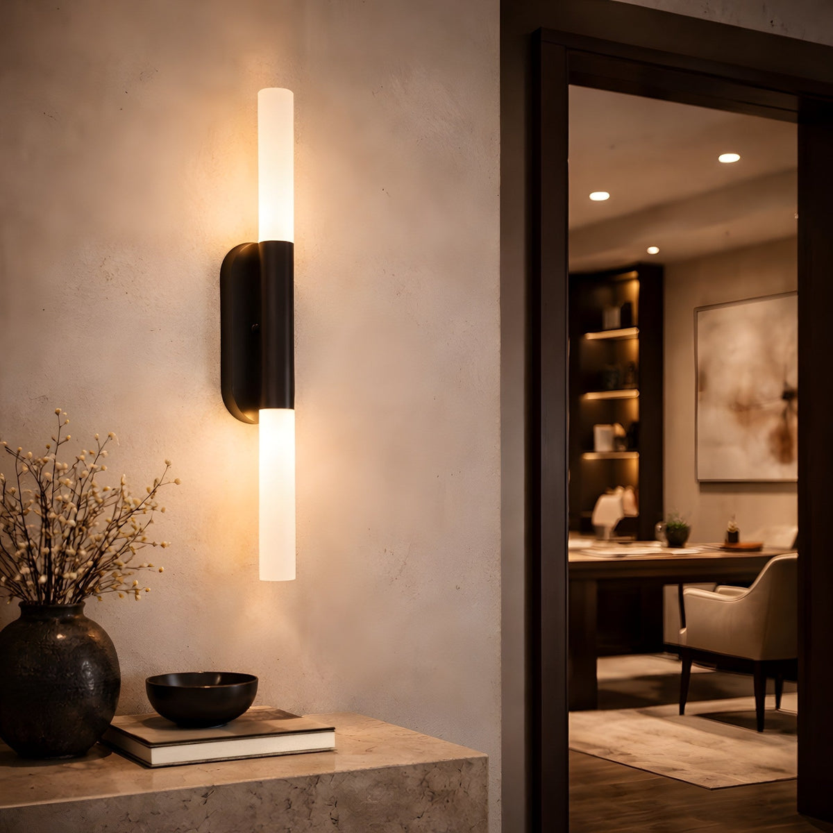 Aurelian LED Double Column Alabaster Wall Light - Matt Black