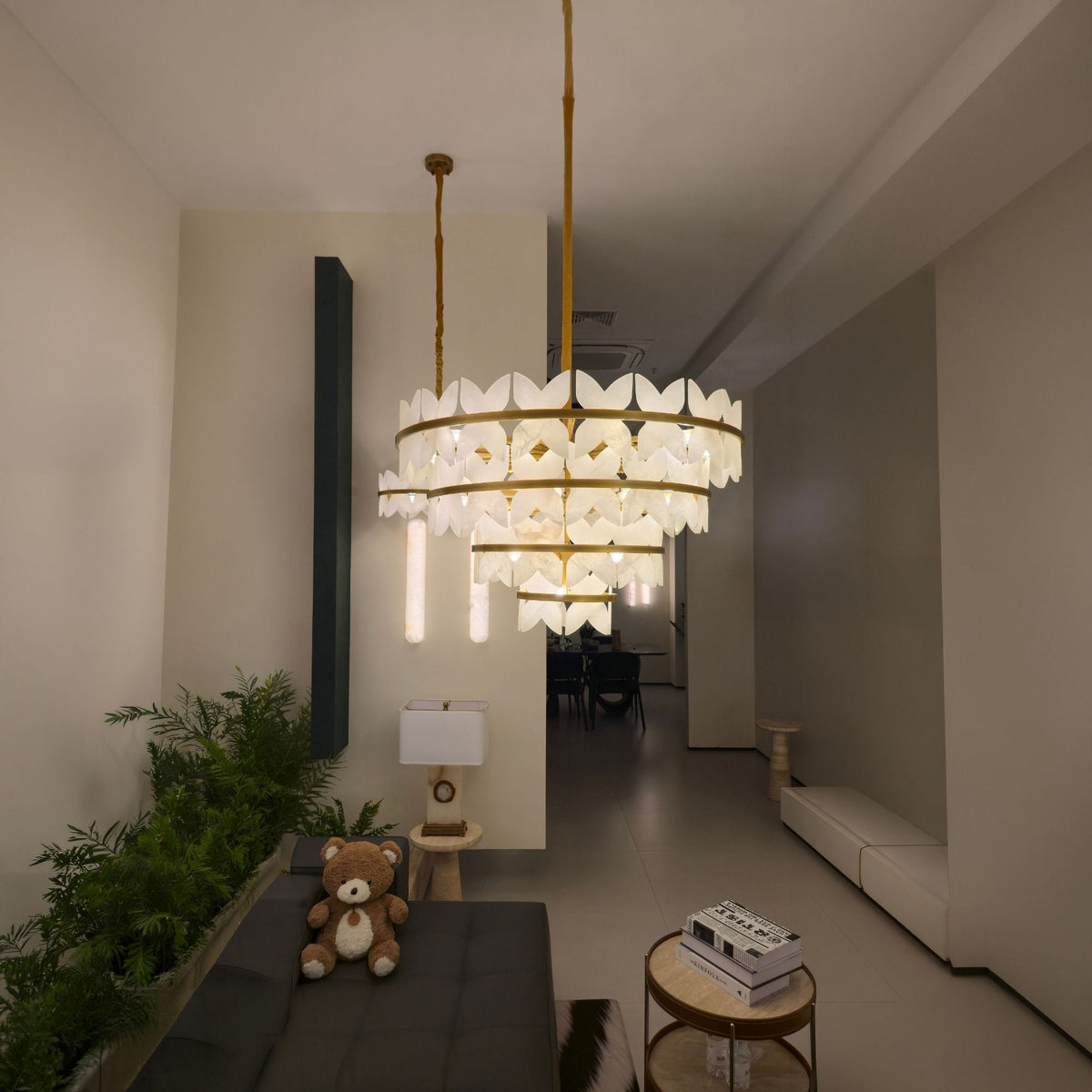 Petraia 4 Tier Floral Alabaster Chandelier - Brushed Brass