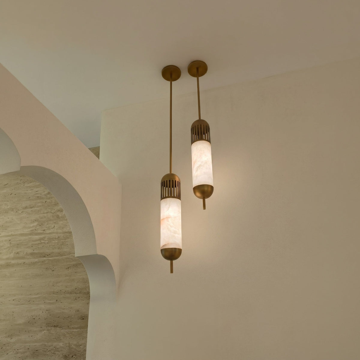 Zerith LED Alabaster Tube Pendant Light - Brushed Brass