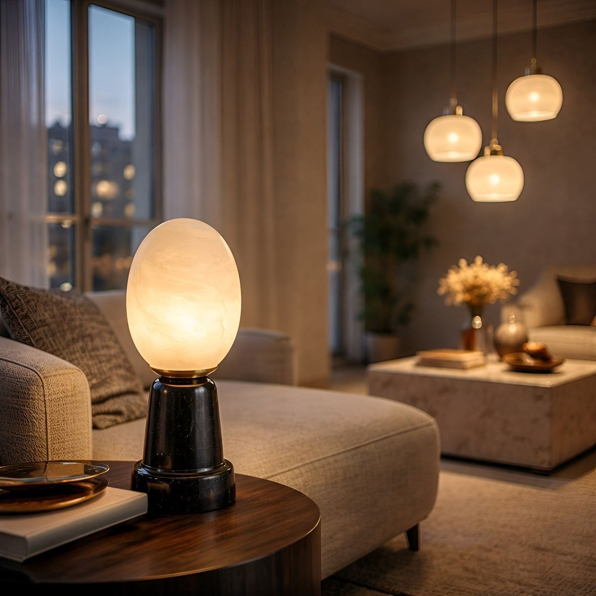 Ovolis Oval Alabaster Table Lamp - Soft White & Black Marble