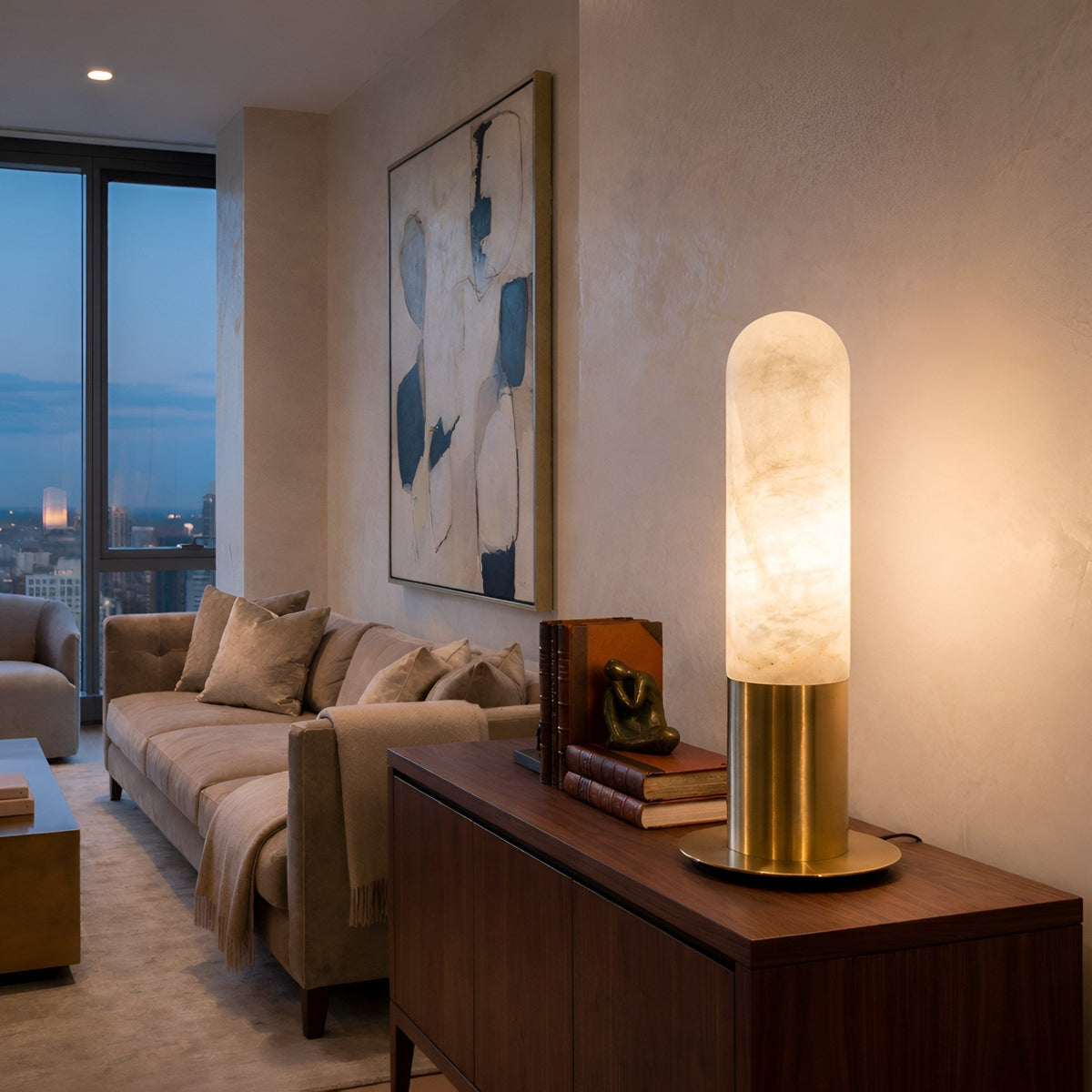 Altessa 1 Light Small Vertical Alabaster Table Lamp - Soft White & Brass