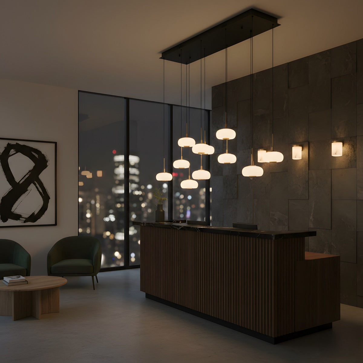 Aurevia 14 Light LED Linear Alabaster Chandelier - Matt Black & Brass