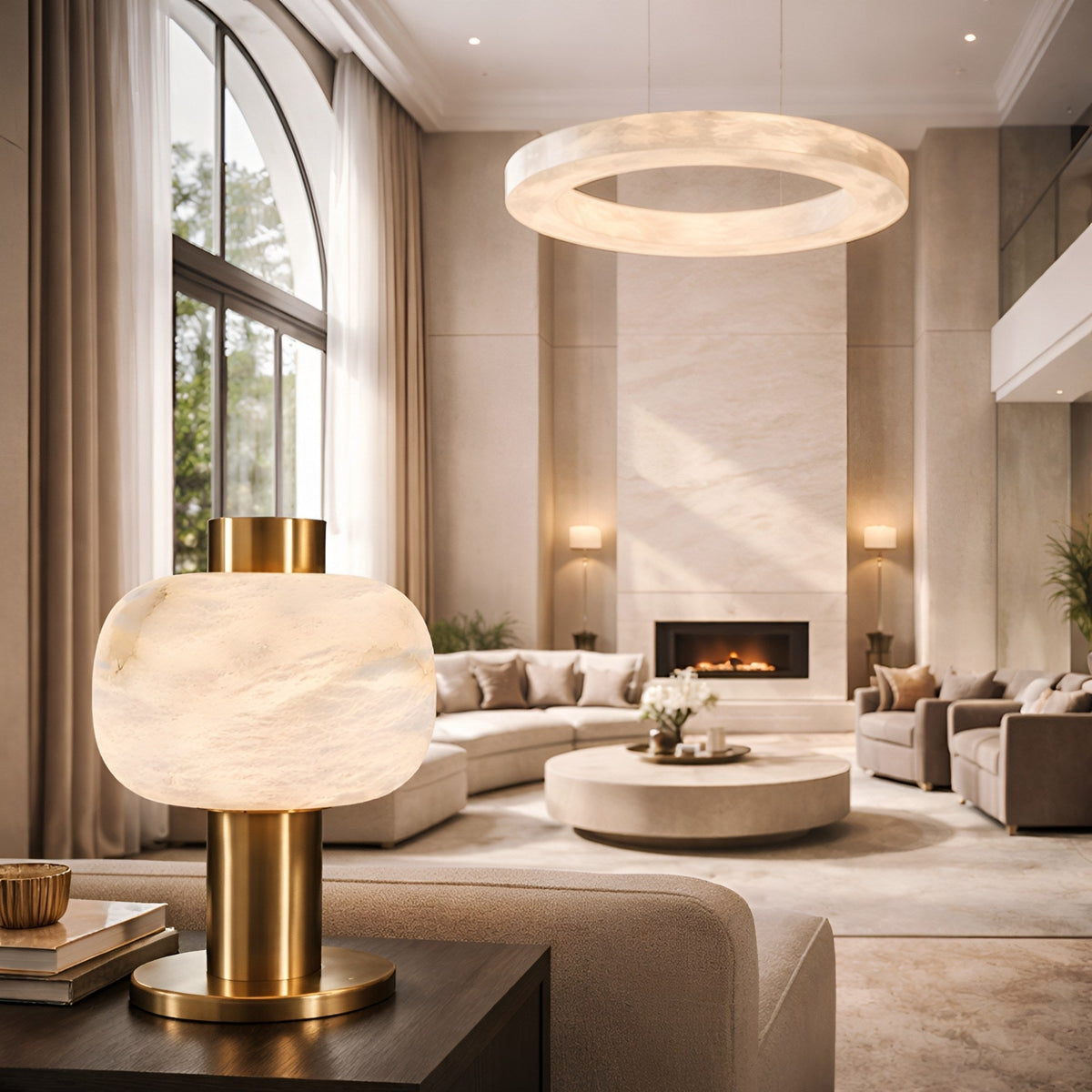 Marveta Small Rounded Alabaster Table Lamp - Brass
