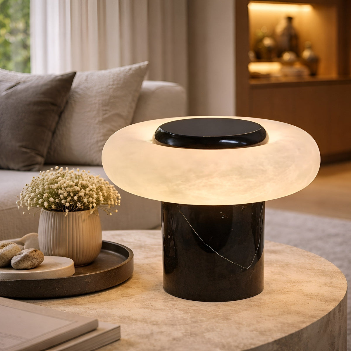Orvixa LED Alabaster Disc Table Lamp - Soft White & Black