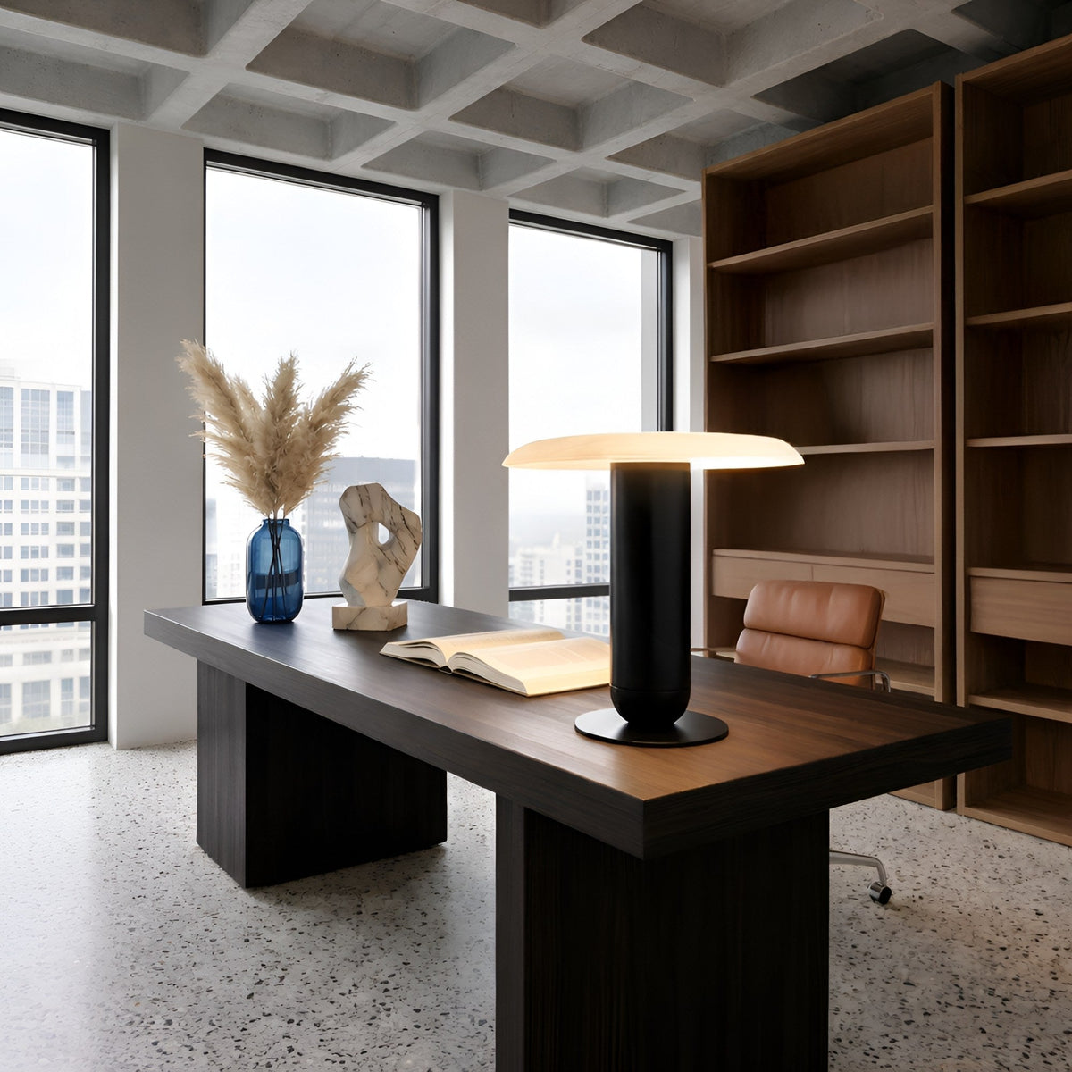 Luxelle LED Alabaster Disc Table Lamp - Soft White & Black