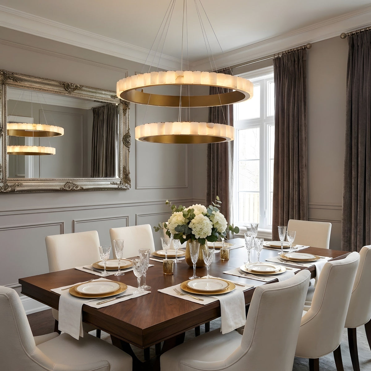 Lucenza LED 2 Tier Halo Ring Alabaster Chandelier - Brushed Brass