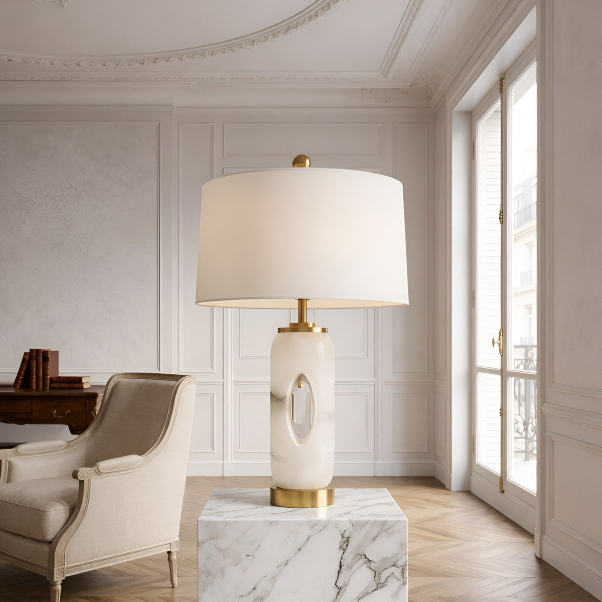 Elovier Carved Oval Alabaster Table Lamp - Brass & White