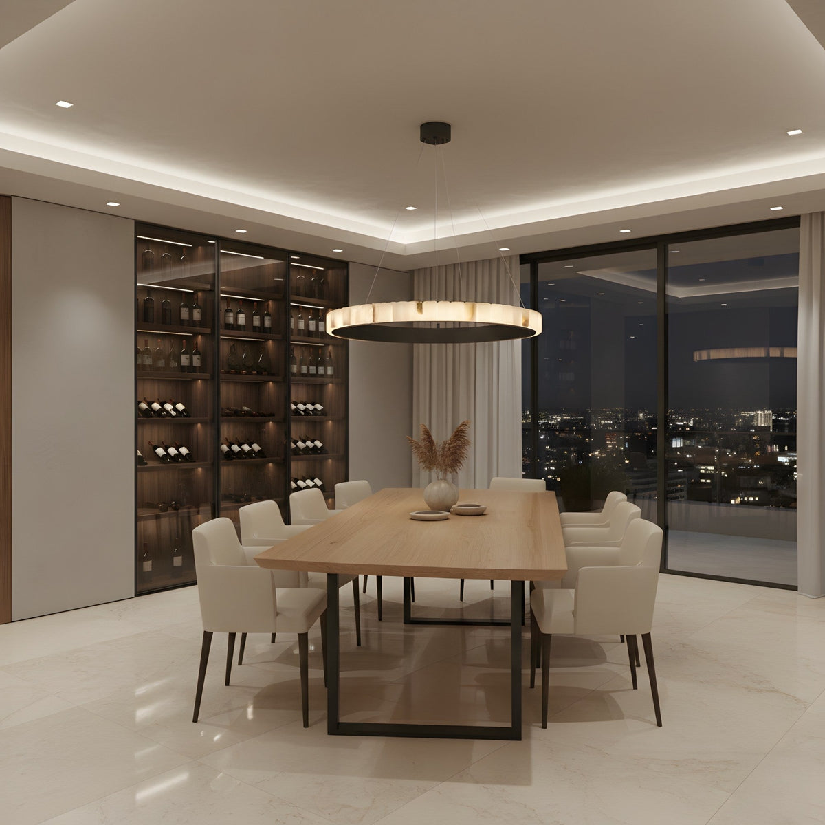 Lucenza LED Halo Ring Alabaster Chandelier 600mm - Matt Black