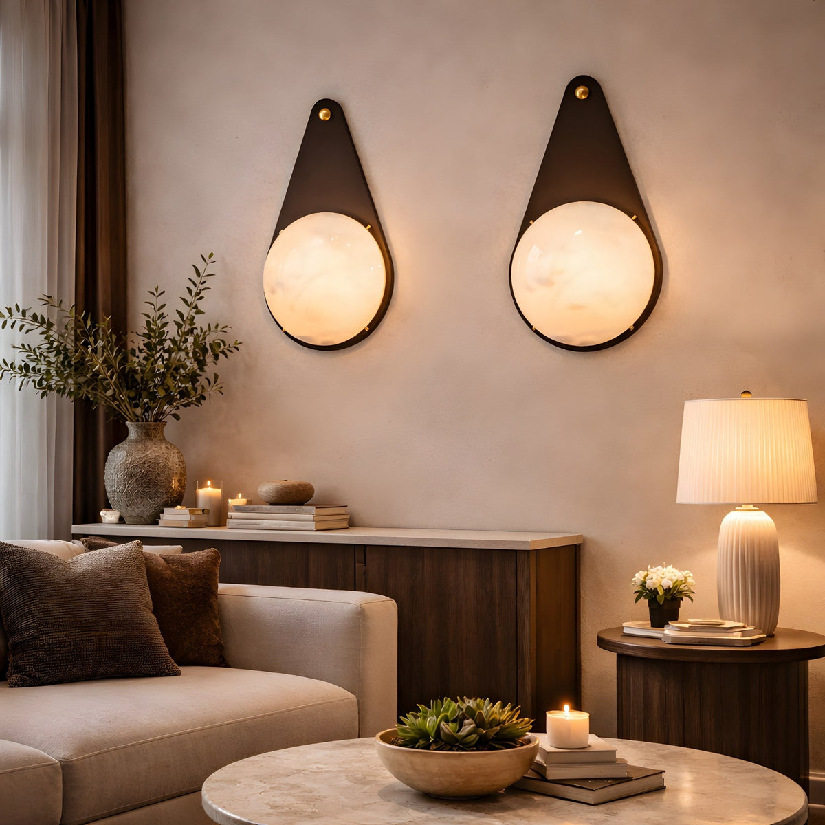 Lunara 1 Light Teardrop Alabaster Wall Light - Matt Black