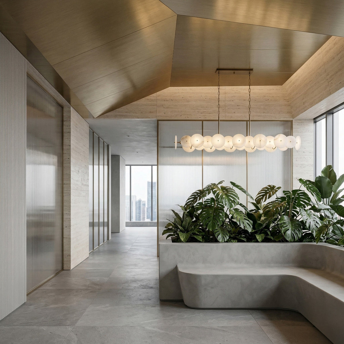 Solaryn LED Linear Alabaster Chandelier - Brass