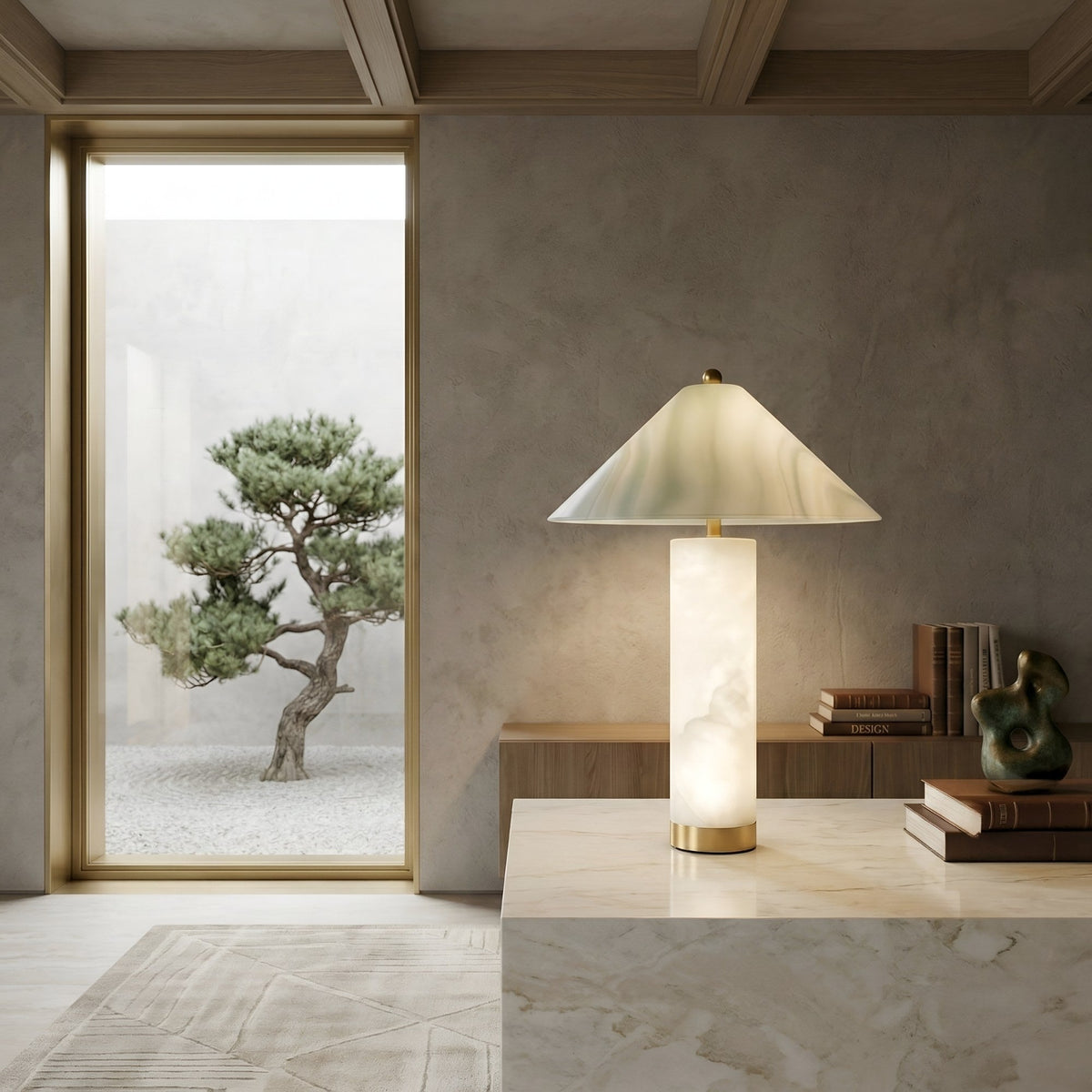 Veridra Alabaster Table Lamp Conical Green Shade - Soft White & Brass