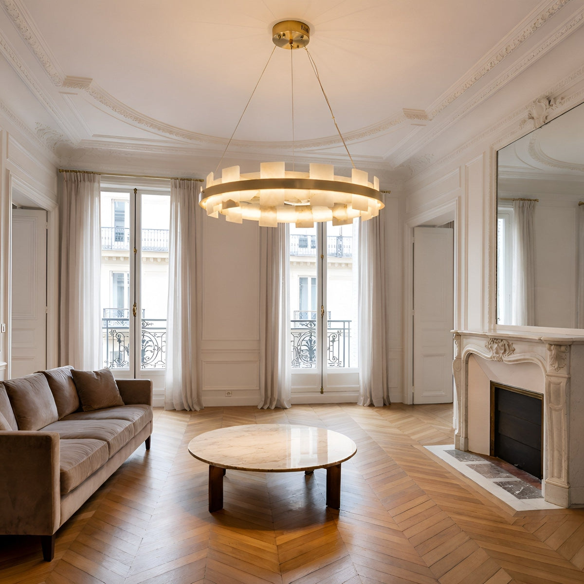 Montyra LED Panelled Alabaster Chandelier 600mm - Brushed Brass