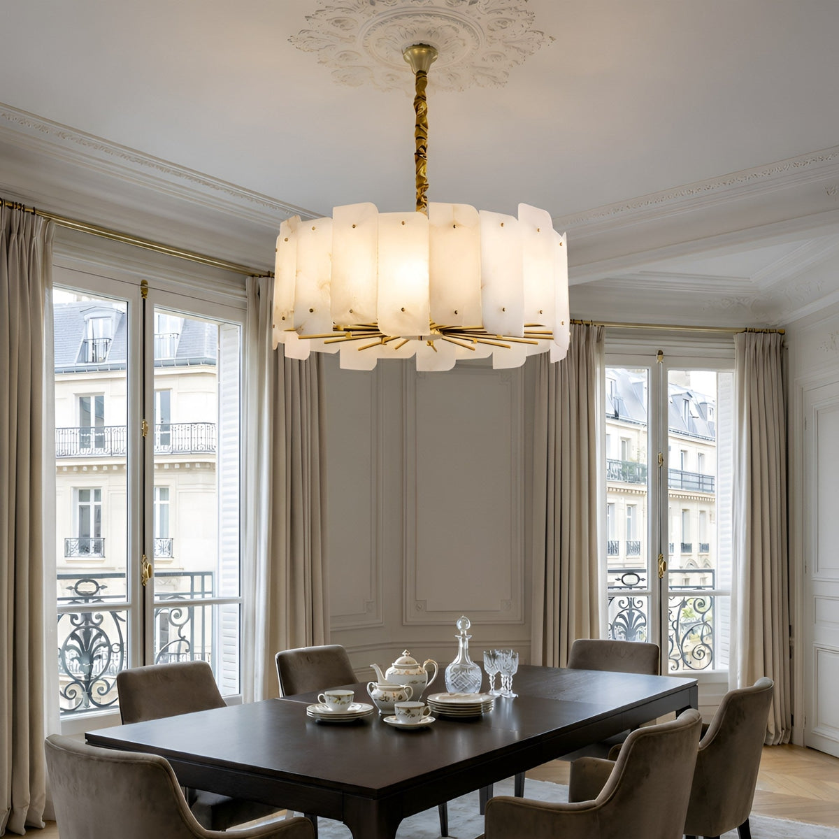 Caldrin 6 Light Tiered Panel Alabaster Chandelier - Soft White & Brass