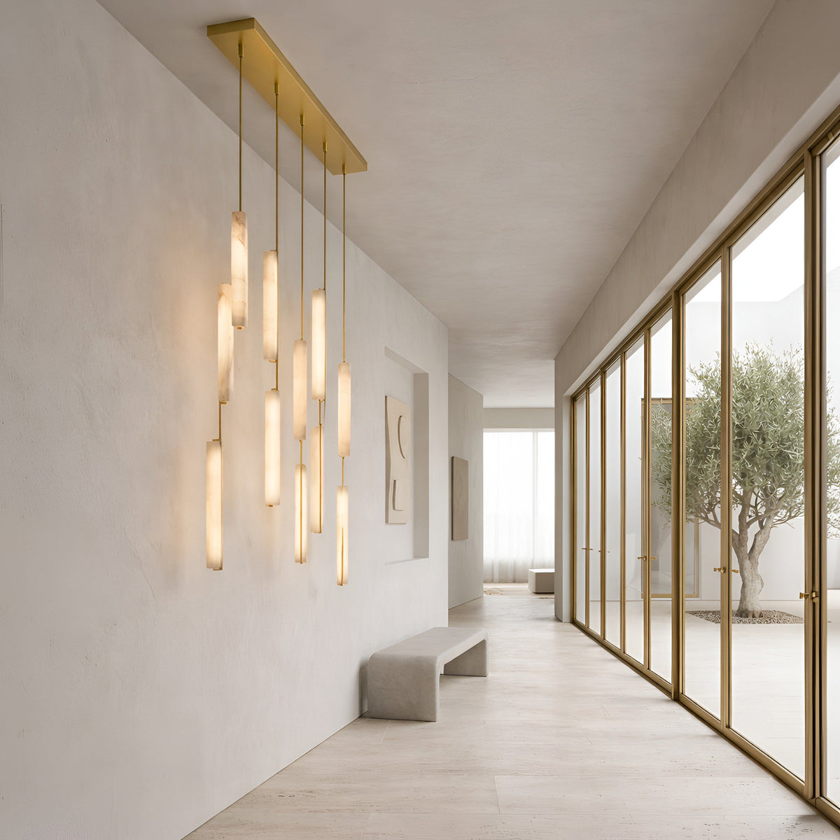 Selvara 10 Light Vertical Alabaster Linear Chandelier - Brushed Brass