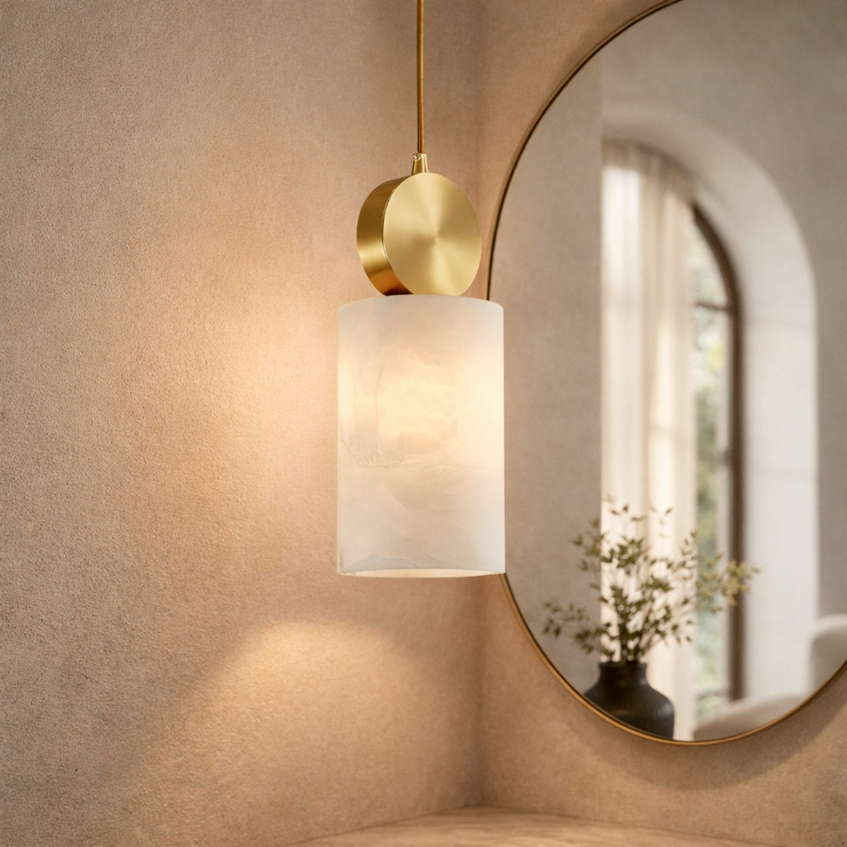Serano Vertical Pillar Alabaster Pendant Light - Brushed Brass