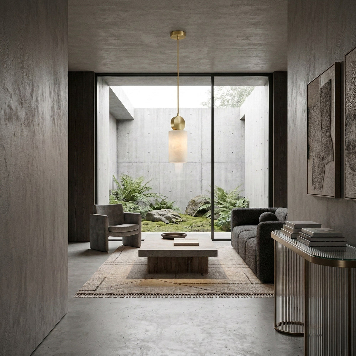 Serano Vertical Pillar Alabaster Pendant Light - Brushed Brass