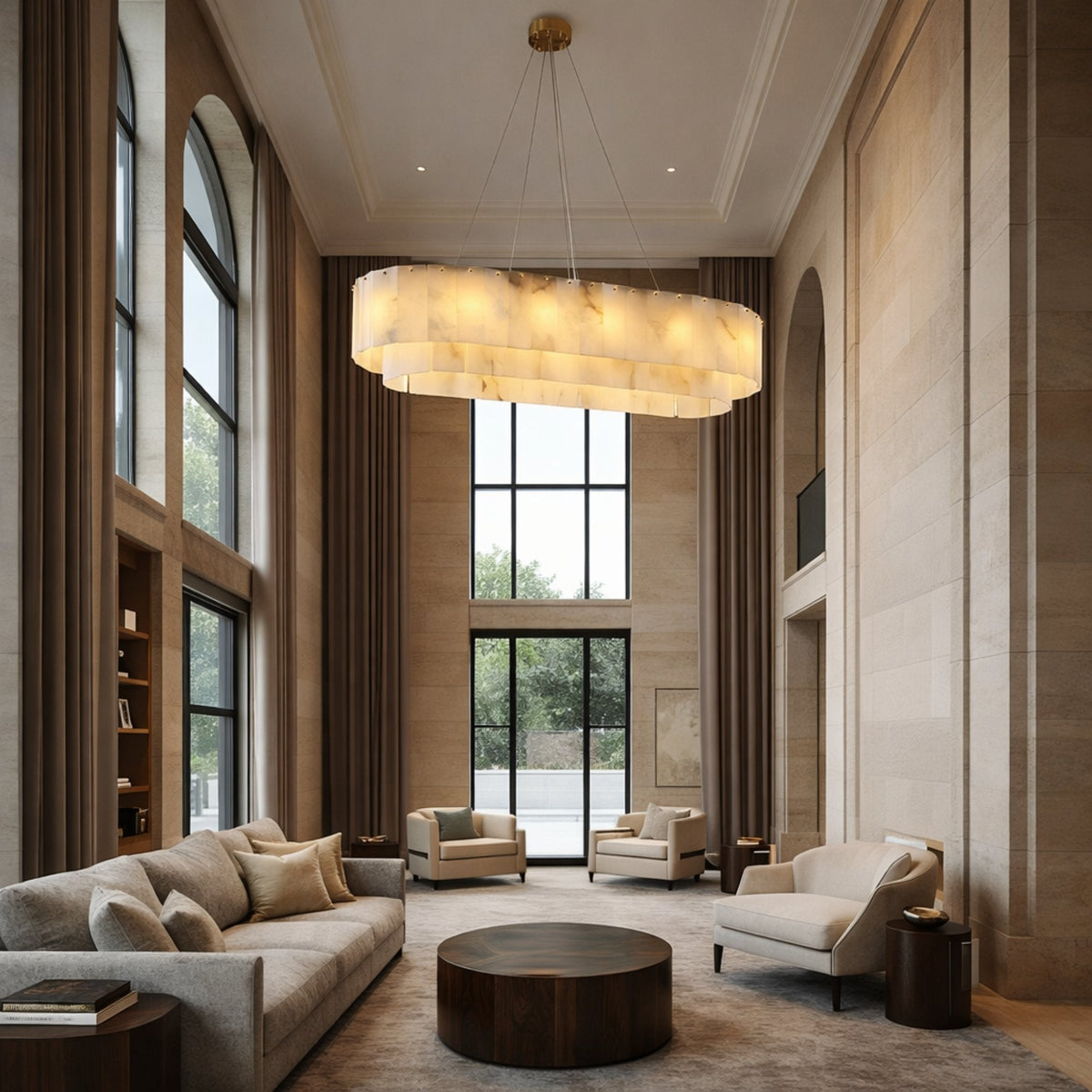 Arvello 12 Light Layered Panel Alabaster Linear Chandelier - Soft White & Brass