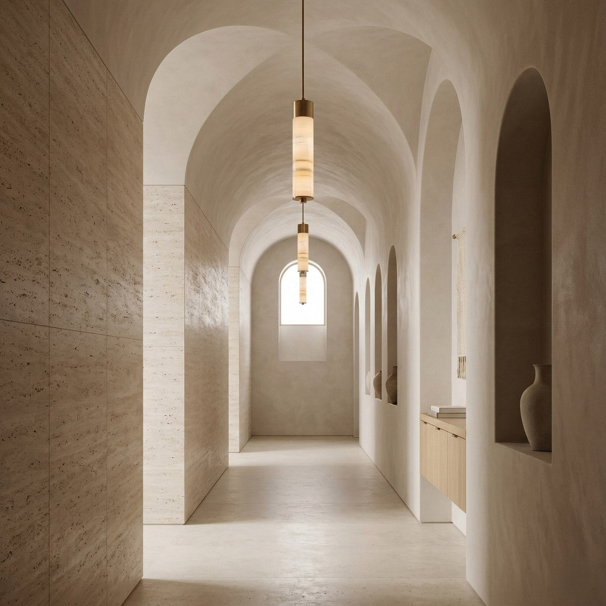 Elviro LED Slim Tube Alabaster Pendant Light - Brushed Brass