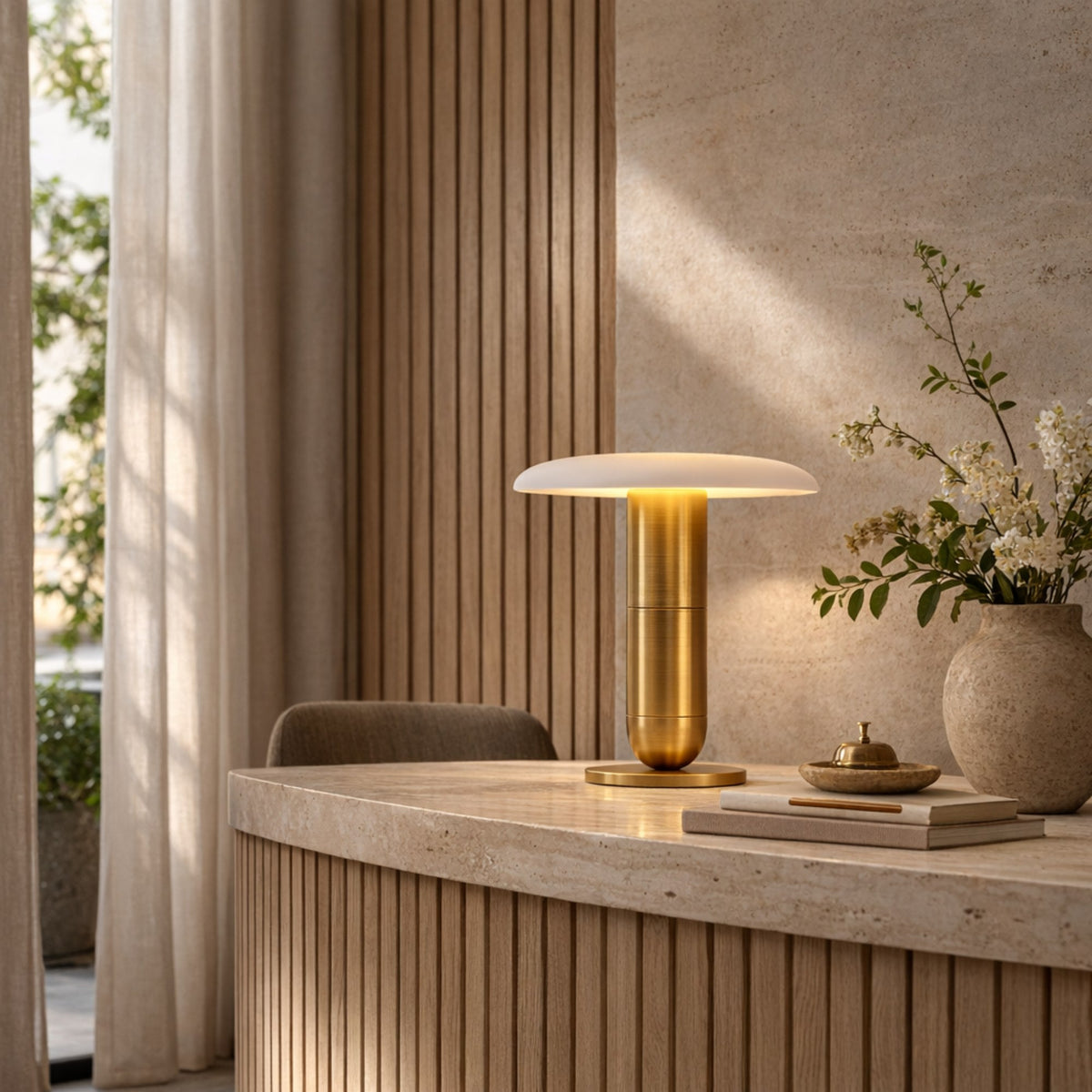 Luxelle LED Alabaster Disc Table Lamp - Soft White & Brass