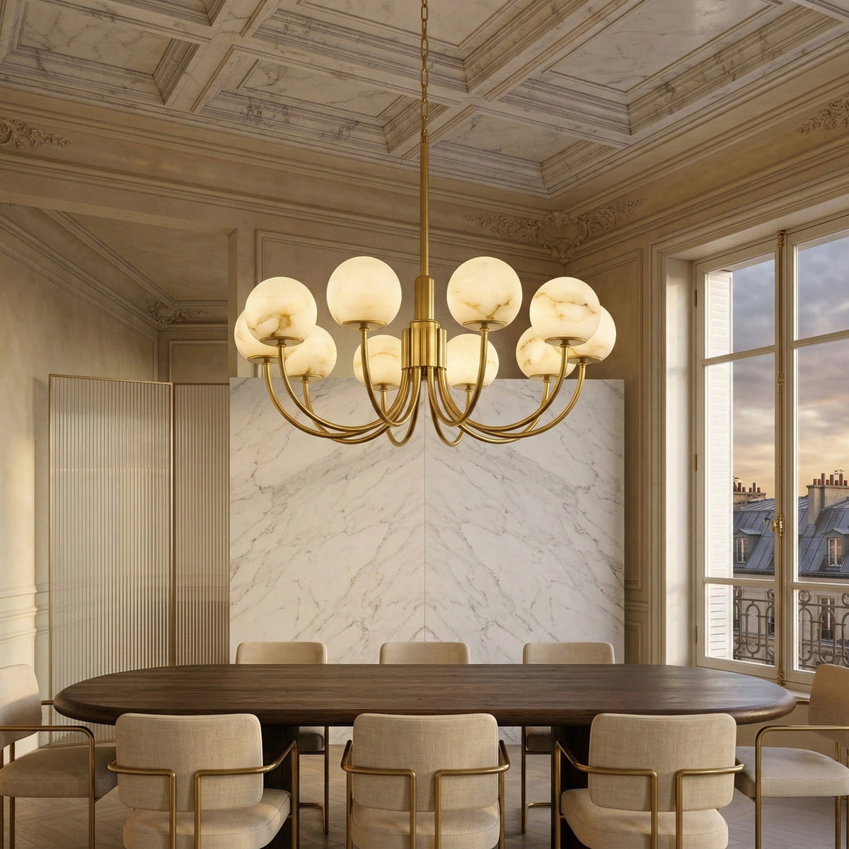 Aurelio 10 Light Alabaster Globe Chandelier - Soft White & Brushed Brass