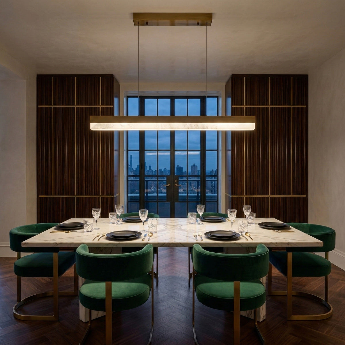 Linea LED Large Alabaster Linear Chandelier - Brushed Brass