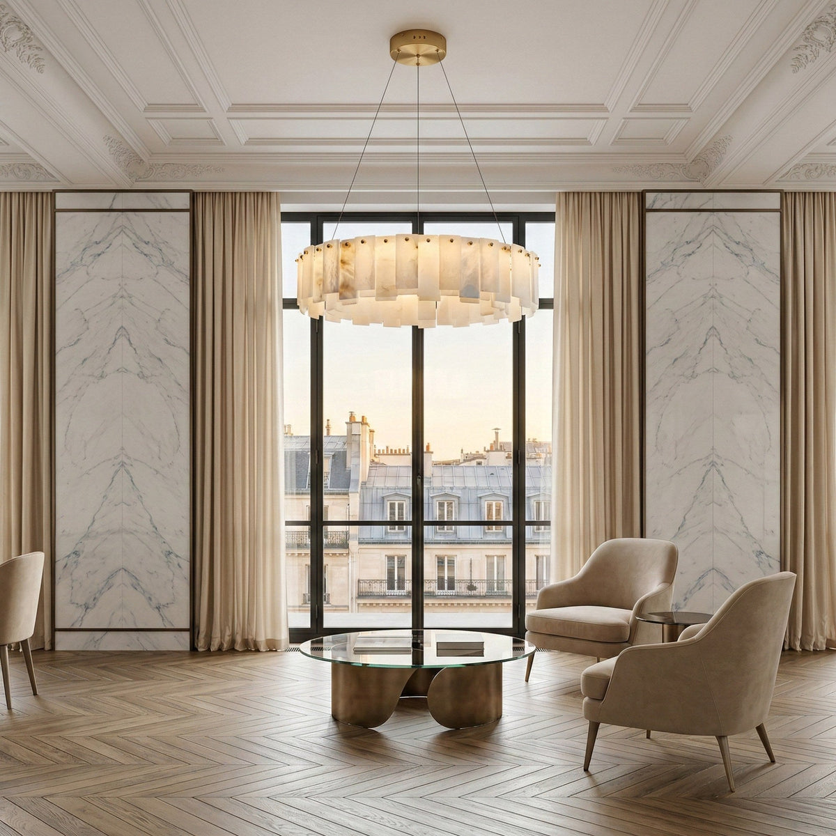 Valeris 12 Light Layered Alabaster Chandelier - Brass