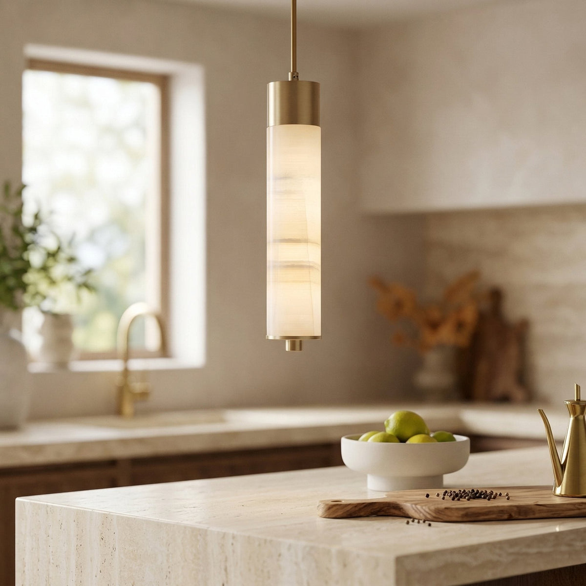 Elviro LED Slim Tube Alabaster Pendant Light - Brushed Brass