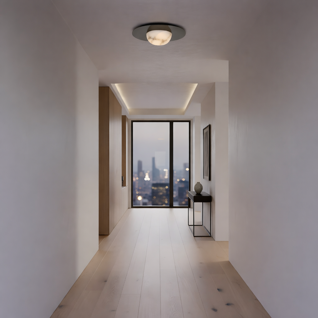 Arvello 1 Light Wide Dome Alabaster Semi-Flush Ceiling Light - Soft White & Matte Black