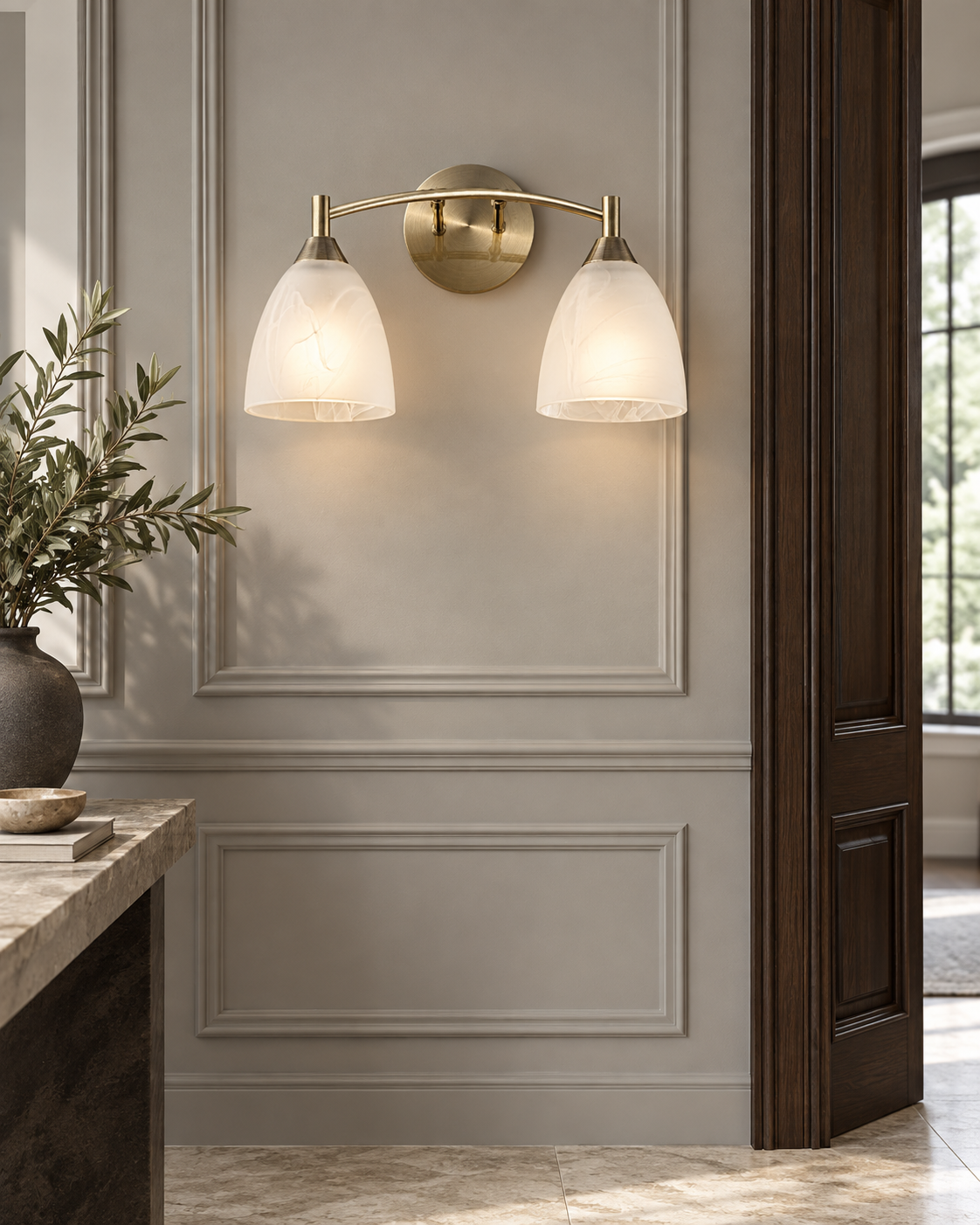 Emmy Bronze Alabaster 2 Light Glass Wall Light — AI-generated room illustration