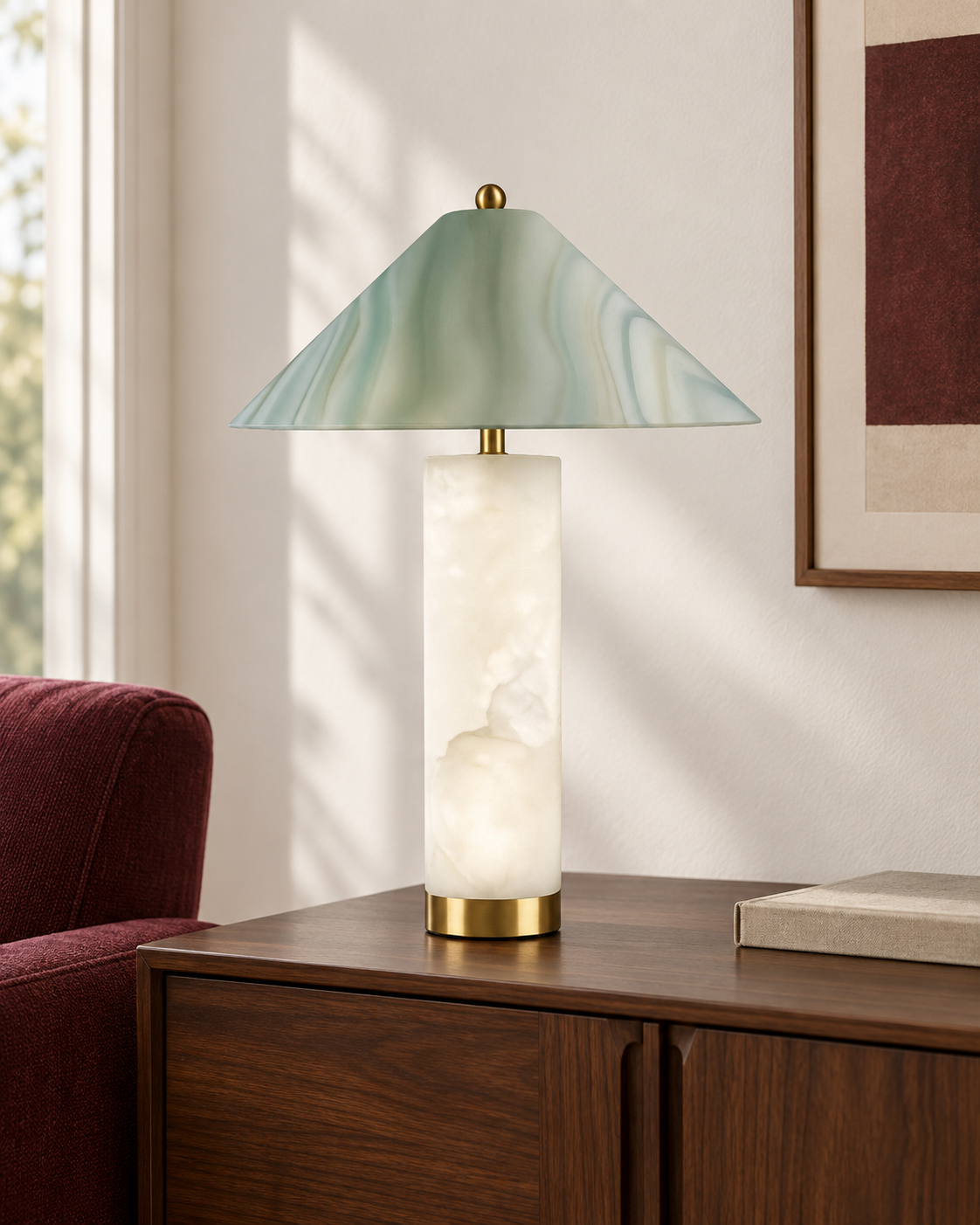 Veridra Alabaster Table Lamp Conical Green Shade - Soft White & Brass — AI-generated illustrative interior setting; refer to original product photos for details
